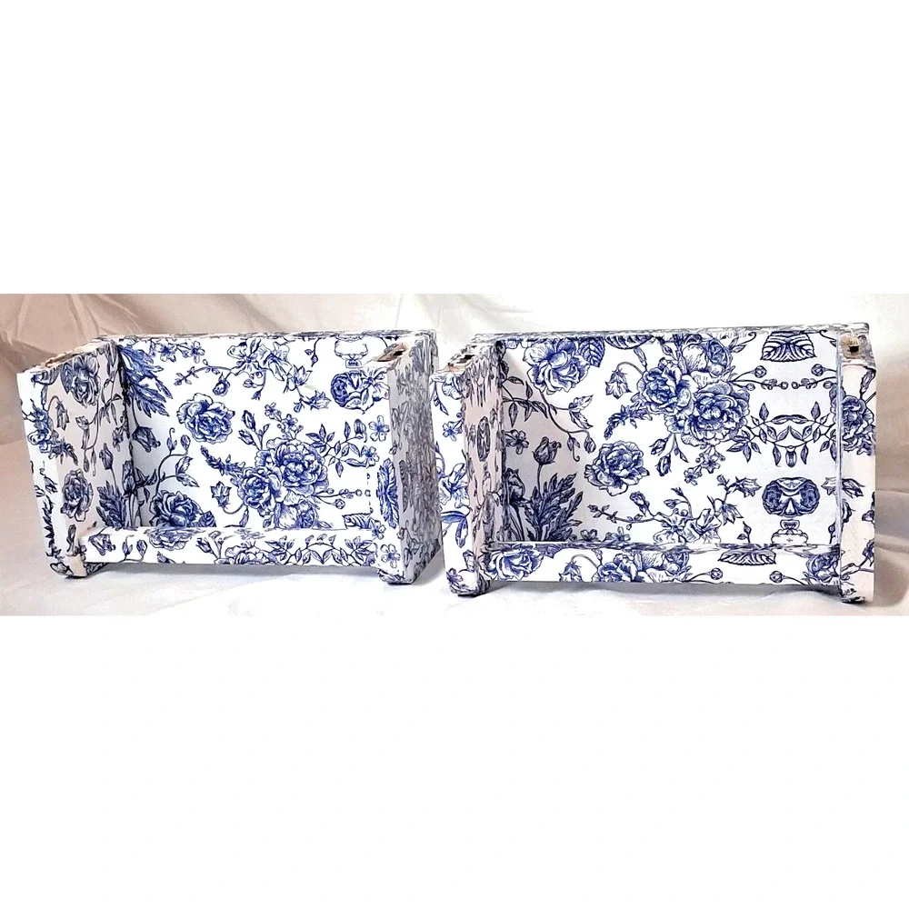 Lot of 2 Decoupaged Blue & White Wood Shelves Wall Mount 8” Chinoiserie